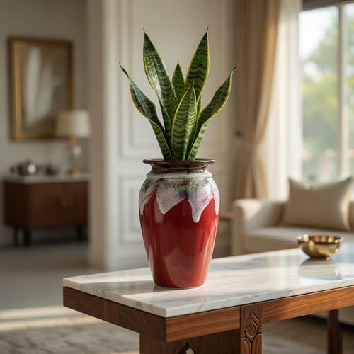 Image of Ceramic Flower Pots for Garden | Big Size Planters for Home Decor, Living Room, Balcony & Office | Multi Utility Vase Gamla for Indoor Outdoor Plants (Hand-Painted, Red, 10 Inch)