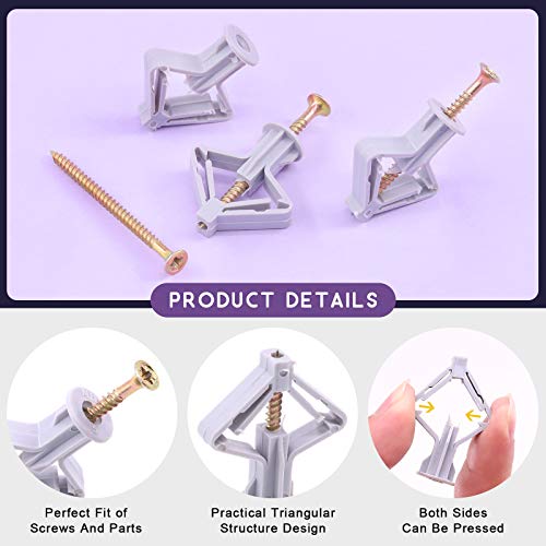 Swpeet 60Pcs Grey Drywall Anchor with Screw Kit, Nylon Plastic Drywall and Hollow-Wall Anchor Kit, Wall Anchor Hooks - Image 4