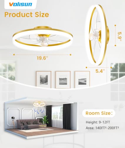 Image of VOLISUN Low Profile Ceiling Fans with Lights and Remote, 20in Fandelier Ceiling Fan Flush Mount, 3000K-6500K Smart Bladeless LED Fan Light, Gold Modern Ceiling Fans with Lights for Bedroom