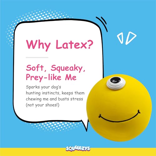 Image of SQUEEEZYS Monster Ball Yellow Squeaky Chew Toys for Dogs (Pack of 2), 100% Natural Latex Rubber, 100% Non-Toxic, 95% Biodegradable Squeaky Dog Toy, Perfect Dog Toys for X-Small-Small Breeds (0-10kgs)