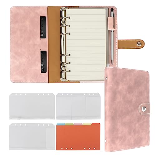 FYY Leather A6 Binder 6 Ring Binder Notebook - Refillable Notebook A6 Planner Binder with Binder Pockets, A6 Dividers, A6 Refill Paper, PU Leather Travel Binder Journal Cover Binder Pink Notebook