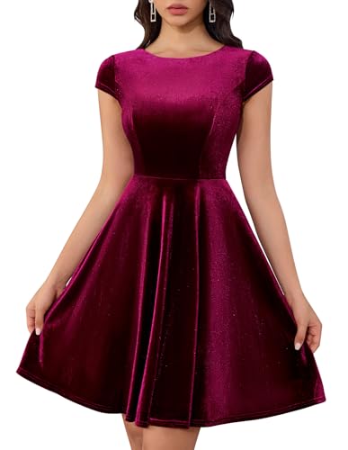 Dressystar Women's Velvet Cocktail Party Formal Dress Cap Sleeve A Line Fall Winter Vintage Rockabilly Dresses Prom Gown Burgundy XL