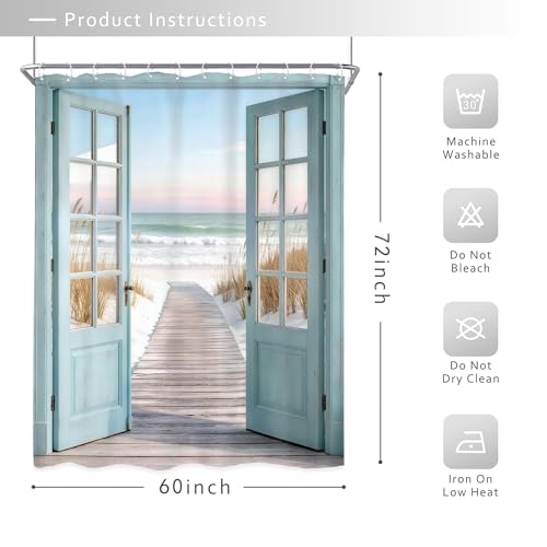Image of Riyidecor Blue Beach Shower Curtain 60Wx72H Inch Rustic Summer Barn Door Ocean Coastal Seaside Scenery Country Teal Wood Hawaii Sea Path Retro Bathroom Decor Fabric Polyester Waterproof 12 Pack Hooks