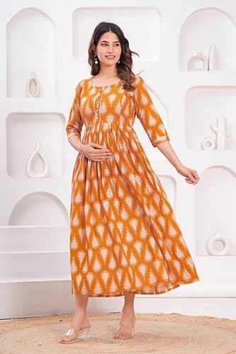 Image of Women's Feeding Kurta Cotton | Floral Anarkali Pregnancy Kurta with Nursing Zipper | Pre & Post Partum | Maternity Dresses | Mom to Be Gift