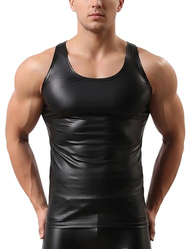 Image of AIEOE Men's Leather Metallic Shirts Shiny Slim Fit Stretch Top Wetlook Club Party Undershirts