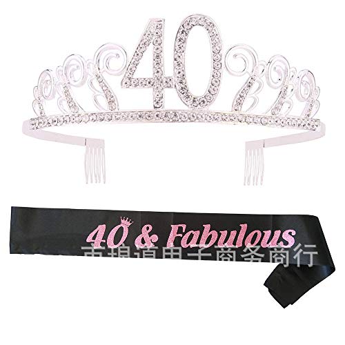 40 Birthday Tiara Rhinestone Crystal Crown with Combs Silver 40 Crown Headband Women for 40th Birthday Gift Party Accessories with Black 40 Fabulous Sash