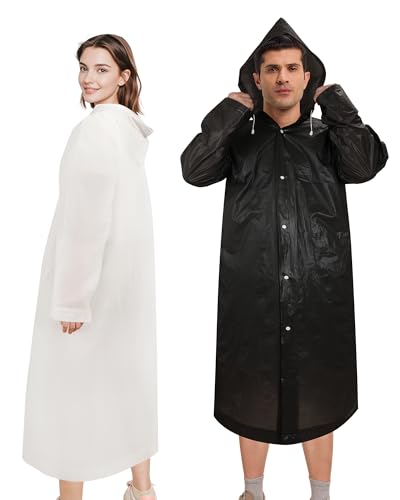 Image of Rain Ponchos for Adults Reusable (2 Pack), Waterproof EVA Raincoats with Hood & Drawstring for Women & Men