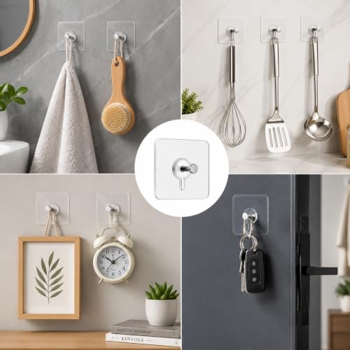 Image of KONVIO NEER Photo Frame Hooks for Wall Without Drilling - 20 Pack Self Adhesive Wall Hooks Heavy Duty | Strong Nail-Free Transparent Stainless Steel Hanging Hooks for Home, Kitchen, Bathroom & Office