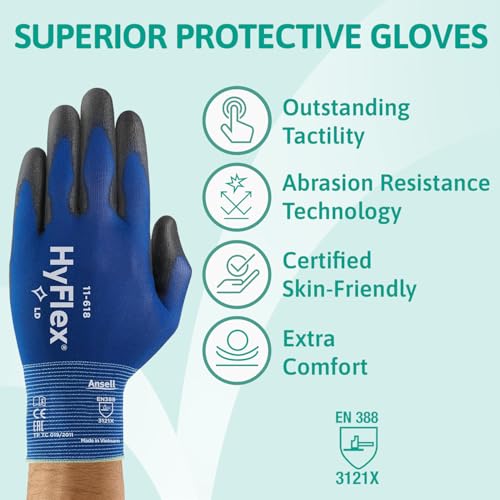 Ansell HyFlex Ultralight Series Arbeitshandschuhe, Schnittschutz, ESD Antistatisch, Wasserdicht, Hochwertiger Profi-Schutz, für Männer und Frauen, Blau