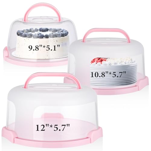 Baderke 3 Pcs Cake Carrier with Lid 9.8 Inch 10.8 Inch 12 Inch Cake Stand with Lid and Handle Portable Round Cake Carrier Plastic Cake Container Cake Holder Pink Cake Keeper for Transporting Cupcakes