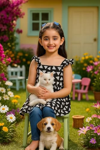 Image of Maaesa Girls Black Geometric Printed Cotton A-Line Top | Short Sleeves | Square Neck | Lightweight & Breathable | Casual