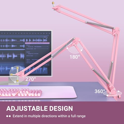 FIFINE Boom Arm Mic Stand, Microphone Arm with Desk Mount for Podcast Streaming Gaming Home Studio, Metal Suspension Scissor Boom Mic Stand-CS1 Pink — view 4
