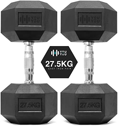 You vs You Hex Dumbbells Weights Pair for Home Exercise | 1kg - 30kg Set of 2 Hexagonal Weight Rubber Encased for Home Fitness Gym Workouts Training Muscle Building & Conditioning | Unisex | Strength