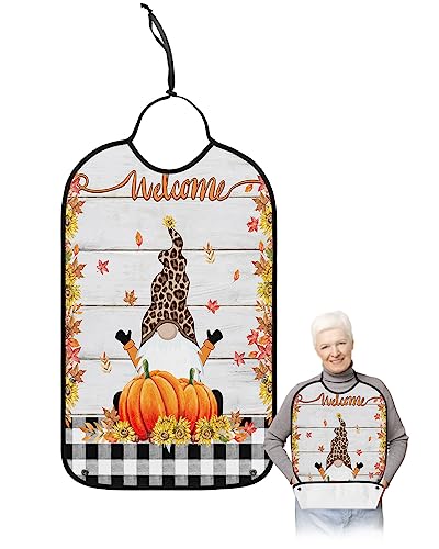 Thanksgiving Gnomes Adult Bibs for Eating, Waterproof Bibs with Food Catcher & Adjustable Snap Closure, Rustic Fallen Leaves Black Plaid Washable Clothing Protectors Adult Bibs for Elderly Women/Men