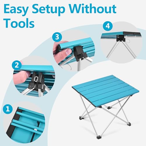 Image of Grope Small Folding Camping Table with Aluminum Table Top, Beach Table for Sand with Carrying Bag,Prefect for Outdoor, Picnic, BBQ, Cooking, Festival (Deep Blue-L)
