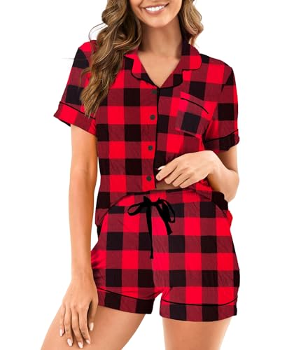 Image of Womens Pajamas Set Short Sleeve Sleepwear Button Down Pjs Shorts Set Soft Pjs Lounge Set With Pockets