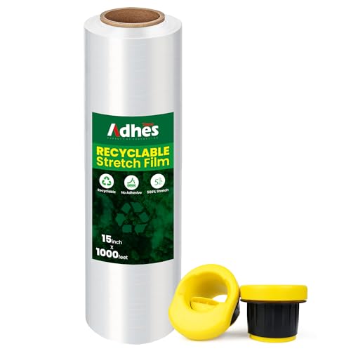 Adhes Recyclable Stretch Wrap Film with Handle, 15 Inch x 1000 Feet, Heavy Duty Plastic Pallet Wrap for Furniture Moving, Luggage Packing, Pallet Wrap, Eco-Friendly, Tear Resistant