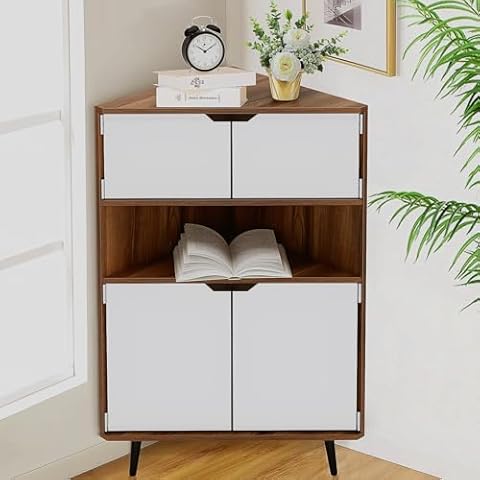 SogesHome Wood Corner Cabinet Wall Corner Storage Cabinet, Storage Display Table Stand Cabinet, with Doors and Open Shelf, for Small Places, Living Room, White&Teak Cover