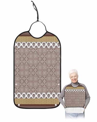 LEOKOTI Ethnic Geometric Adult Bibs for Eating, Waterproof Bibs with Food Catcher & Adjustable Snap Closure, Modern Vintage Brown Abstract Art Washable Clothing Protectors Adult Bibs for Elderly