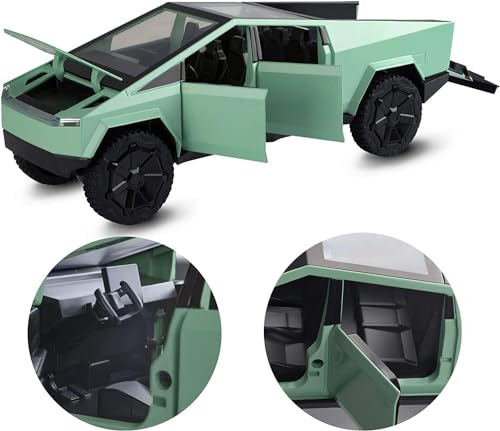Image of Tesla Cybertruck Diecast Model 1:32 Scale | Alloy Metal Off-Road Pickup Truck with Trailer, Sound & Light | Pullback Toy Vehicle for Kids & Collectors【Green Colour】