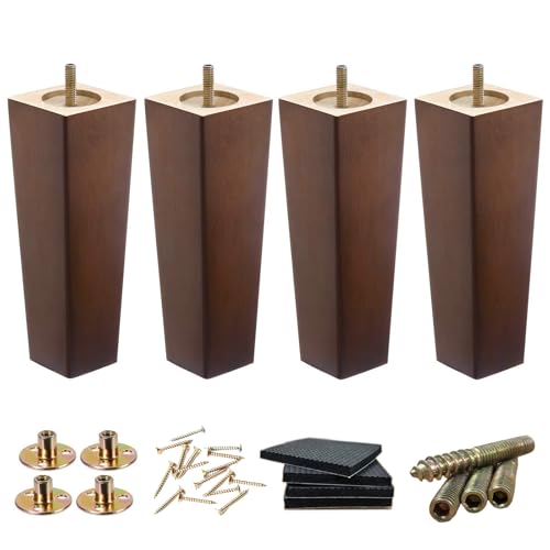 Wood Furniture Legs - 8 inch Sofa Legs Pack of 4, Brown Square, Mid Century Style, Replacement Parts for Dresser, Sideboard, Recliner, Circle Chair, Couch Riser, Coffee Table