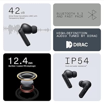 CMF Buds Wireless Bluetooth Earbuds, 42dB Noise Cancelling Earbuds, Dirac HD Audio, 35.5H Playtime, BT5.3, IP54 Waterproof, 4HD Mics Wireless Headphones for iPhone & Android (Dark Grey)