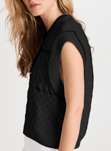 Image of EVALESS Womens Short Sleeve Sweater Summer Fall 2025 Round Neck Crochet Pullover Cap Sleeve Knit Oversized Sweater Vest Tops