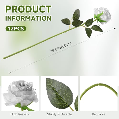 Image of Tifuly 12Pcs Roses Long Stem Fake Silk Artificial Flowers Silver