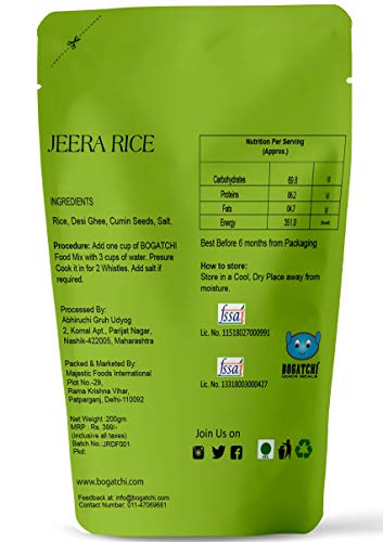 Image of BOGATCHI Quick Meals - Ready to Cook Authentic JEERA Rice - 200 g, Ready to Eat Meal, Delicious and Tasty Instant Meal, 100% Natural Ingredients, No Preservatives, No Artificial Flavours & Colours