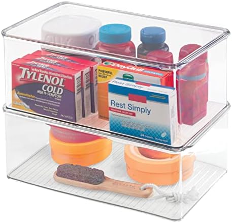 mDesign Stackable Plastic Bathroom Storage Box with Hinge Lid - Container for Organizing Soap, Body Wash, Shampoo, Conditioner, Hand Towels, Hair Accessories, Lumiere Collection, 2 Pack, Clear