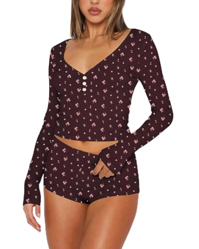 Image of REVETRO Fall Womens 2 Piece Pajama Sets Sexy PJ Shorts Y2k V Neck Long Sleeve Lounge Set Sleepwear with Button Down