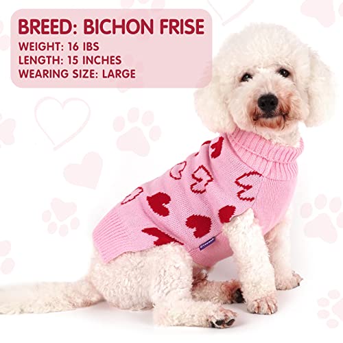 Cyeollo Small Dog Sweater Heart Pattern Mothers Day Dog Clothes With Leash Hole Pullover Turtleneck Holiday Pet Apparel Pink #TOP1