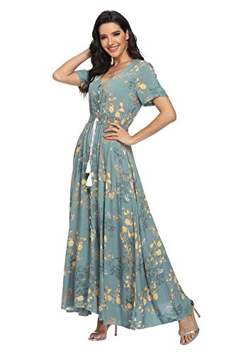 Image of VintageClothing Women's Floral Maxi Dresses Boho Button Up Split Summer Casual Long Dress Beach Party Dress