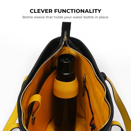Image of Mokobara The Astrid Tote Bag for Women | Premium Vegan Leather Office Handbag | Fits 16 Inch Laptop | Extra Large 22L Shoulder Bag with Bottle Sleeve Morning Affirmations | Black
