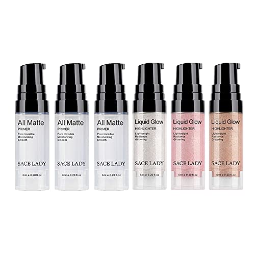 Matte Pore Face Primer 3Pcs & Shimmer Highlighter Makeup Glow Illuminator 3Pcs, Ultra-Smooth Soft Lightweight Pore Minimizer And Liquid Highlighter Face Cosmetic Set #TOP12