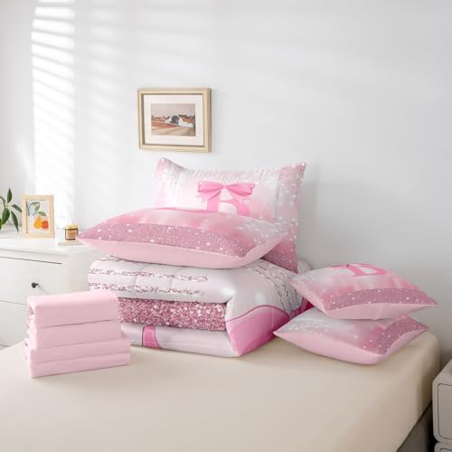 Image of Feelyou Kids Pink Bowknot 7 Pieces Bedding Set King Size, Personalized Initial B Comforter Set with Sheets Princess Glitter Bed in A Bag Boys Girls Bow Alphabet Teens Bed Set Bedroom Decor 7Pcs