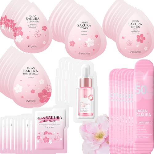 Mini Travel Skincare Products, Mini Travel Items Including Isolation Cream, Face Wash, Serum, Toner, Lotion, Cream, Sakura Mud Mask, Face Skin Care Routine Kit Organic Skin Care Set (70pieces)