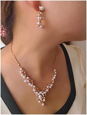 Bridal Crystal Necklace Earrings Set Wedding Pearl Pendant Necklace Floral Bride Jewelry for Women Girls Bridesmaids