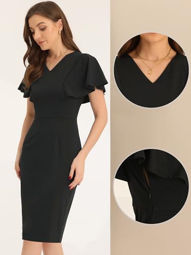 Allegra K Pencil Dress for Women's V Neck Flare Sleeve Wear to Work Sheath Dresses2