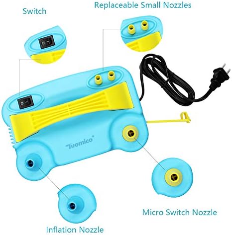 Tuomico Baby Blue Electric Balloon Pump Portable Balloon Air Inflator Dual Nozzles with 50 PCS 10in Colorful Metallic Balloons, knotter, Dot Glue, Tape Strip, 110V for Decoration/Parties/Activities
