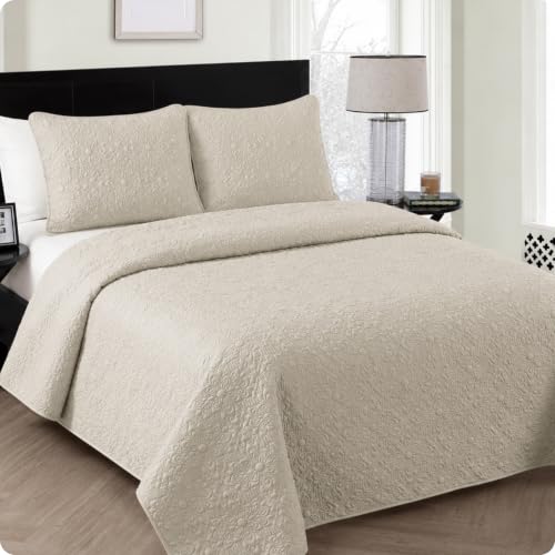 VCNY Home Quilt for Queen Bed - 3-Piece Full or Queen Comforter Alternative, Floral Bedspread Coverlet with Shams (Caroline, Taupe Bedding)