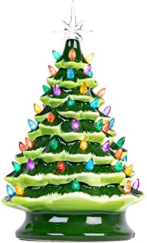 Christmas is Forever Lighted Tabletop Ceramic Tree, 16 Inch Green Tree with Multicolored Lights