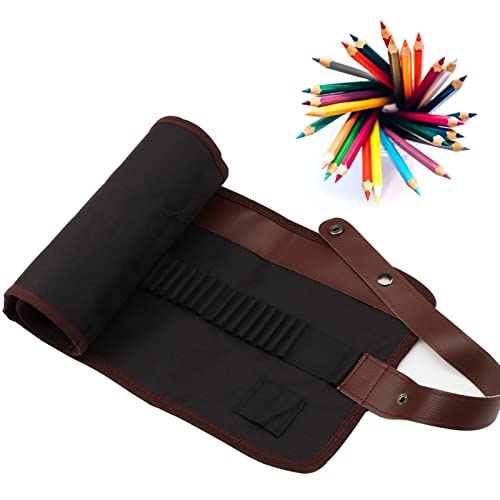 DOITEM Canvas Pencil Wrap Case, 48 Holes Colored Pencil Roll Holder Storage Pouch for Artist, Office(48 Holes, Brown)