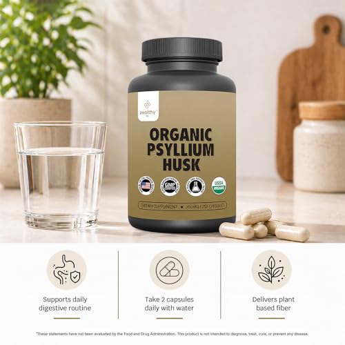 Image of Organic Psyllium Husk Capsules 750 mg, Natural Fiber Supplement for Gut Health* - Alternative to Psyllium Husk Powder, Zealthy Life, 250 Capsules