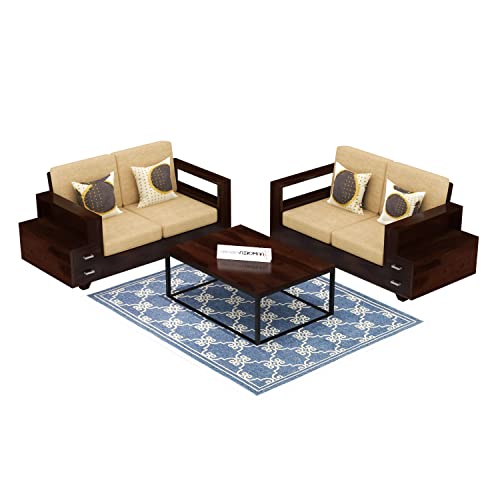 Image of Sheesham Wood 4 Seater Sofa Set with 2 Drawer Storage | 2+2 Wooden Sofa Set Furniture for Living Room Home Office (Walnut)