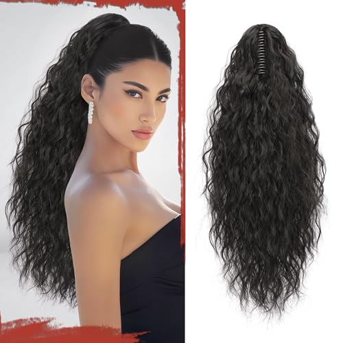 Sofeiyan Coleta Postiza Pelo Natural con Pinza, 56 cm Cola Postiza Larga Ondulada Rizada Sintética Extensiones de Coleta Postiza para Mujeres, Castaño Negro