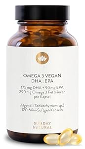 SUNDAY NATURAL® Omega 3 Vegan - 120 Softgel Kapseln - 1.000 mg Algenöl pro Tagesdosis: 350 mg DHA und 180 mg EPA - Leicht schluckbare Omega 3 Kapseln hochdosiert - Laborgeprüft