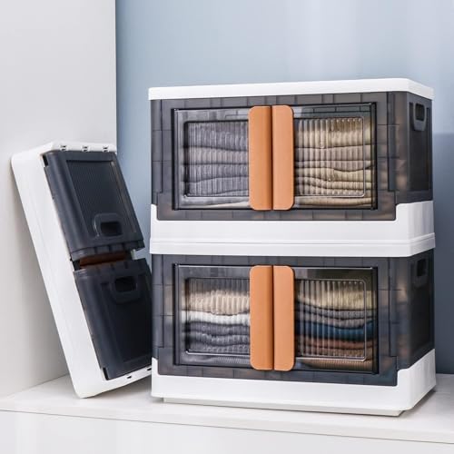 Image of Foldable Storage Bins with Lids & Wheels, Collapsible Plastic Storage Box with Double Door, Front & Top Opening Rolling Organizer for Clothes, Toys & Home Essentials (2 Layer)