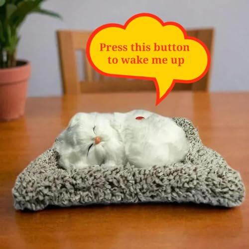 Image of Sleeping Cat Plush Toy with Press Simulation Sound, Sleeping Cat Stuffed Animal Fur Soft Toys with Sound for Kids Car Dashboard Cat & Office Desk (White)