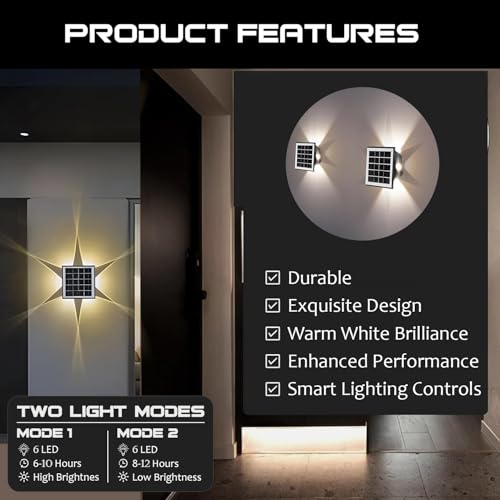 Image of Gigawatts 6 LED Solar Wall Light On /Off Botton & 1.5Ah Battery Water Resistant Decor Deck Fence Lights Flood Lamp for Home Garden Terrace Patio (Set of 1, Warm White)